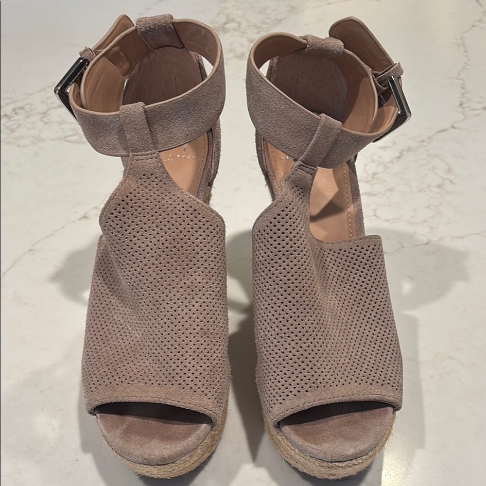 Tan Wedge Sandals with Ankle Strap and Cut-Out Details